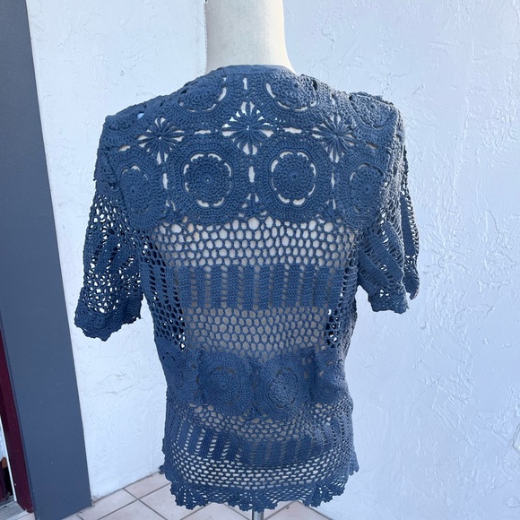 🆕💙OOAK Hand-crochet & Hand-dyed 100% Cotton Short-Sleeve Jacket in Denim Blue - Picture 5 of 6